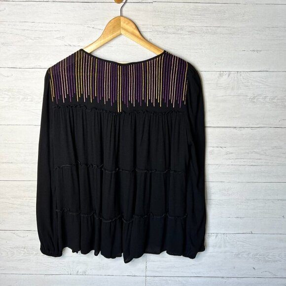 Savanna Jane Blouse Womens Size Medium Black Tiered Colorful Embroidered Stripes - Picture 10 of 15